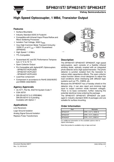Vishay SFH6315T/SFH6316T/SFH6343T High Speed Optocoupler 1 Mb/s Transistor Output Datasheet - cover page