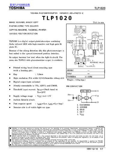 Toshiba TLP1020 Photointerrupter Datasheet - cover page
