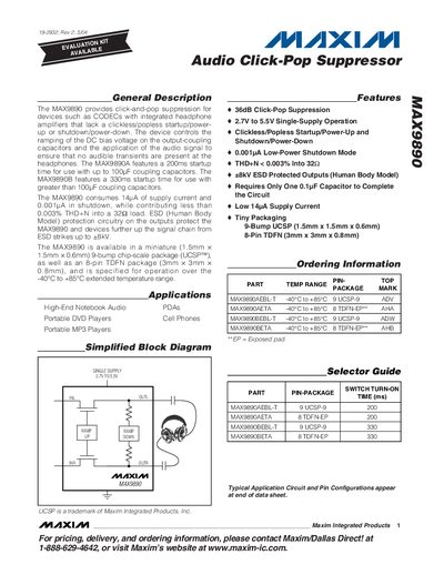 Maxim MAX9890 Audio Click-Pop Suppressor Datasheet - cover page