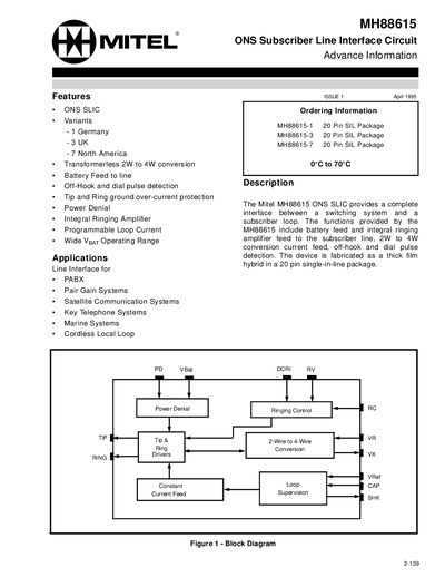Mitel MH88615 ONS Subscriber Line Interface Circuit Datasheet - cover page