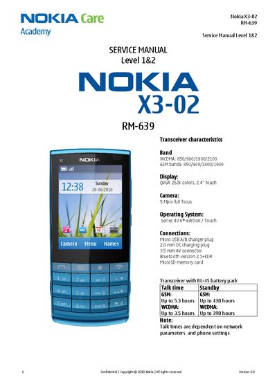 Nokia X3-02 Service Manual Level 1&2 - cover page