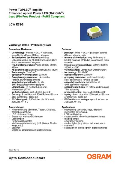 OSRAM LCW E6SG Power TOPLED Long Life ThinGaN LED Datasheet - cover page