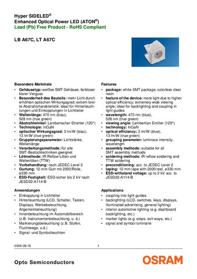 OSRAM LB A67C / LT A67C Enhanced Optical Power LED Datasheet - cover page