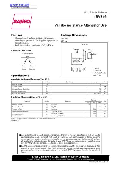 SANYO 1SV316 Silicon Epitaxial Pin Diode Datasheet - cover page