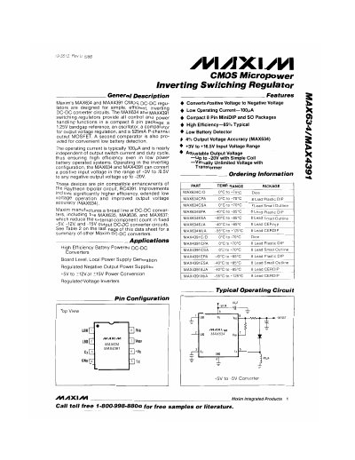 Maxim MAX634 / MAX4391 Inverting Switching Regulator Datasheet - cover page