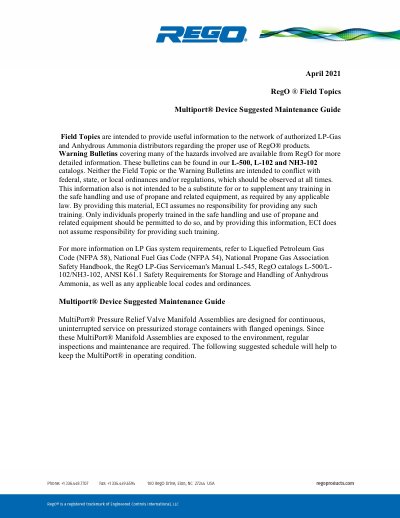 RegO MultiPort Device Suggested Maintenance Guide - cover page