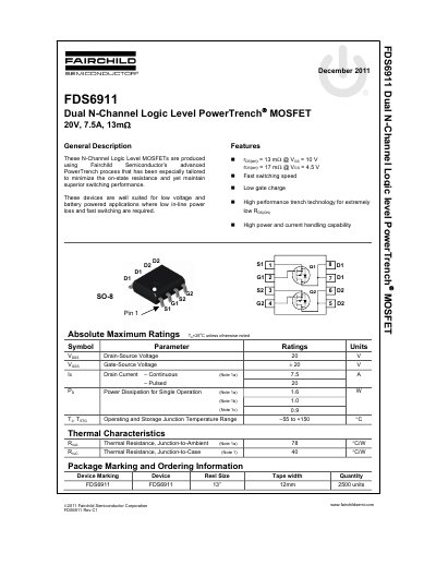 Fairchild Semiconductor FDS6911 Dual N-Channel Logic Level PowerTrench MOSFET Datasheet - cover page