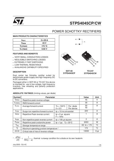 STMicroelectronics STPS4045CP/CW Power Schottky Rectifiers Handbook - cover page