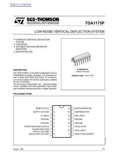 SGS-THOMSON TDA1175P Low-Noise Vertical Deflection System Datasheet - cover page
