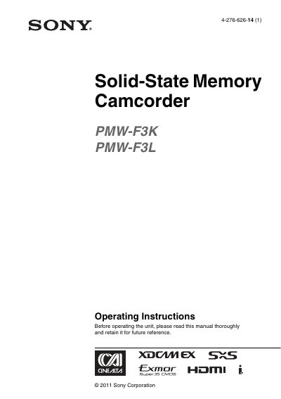 Sony PMW-F3K/F3L Camcorder Operating Instructions Manual - cover page
