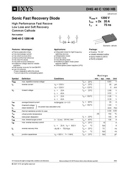 IXYS DHG 40 C 1200 HB Sonic Fast Recovery Diode Datasheet - cover page