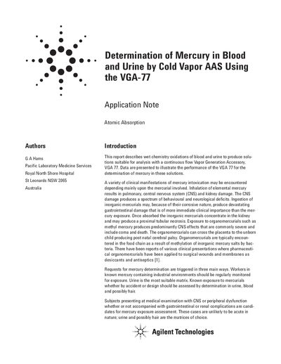 Agilent VGA-77 Application Note for Mercury Determination in Blood and Urine - cover page