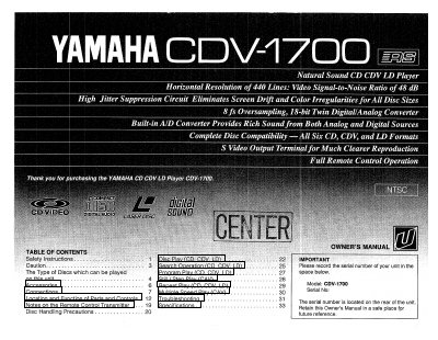 Yamaha CDV-1700 CD/LD Player Owner's Manual - cover page