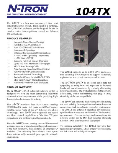 N-TRON 104TX Industrial Ethernet Switch Handbook - cover page