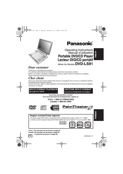 Panasonic DVD-LS91 Portable DVD/CD Player Operating Instructions