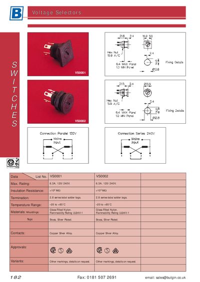 Bulgin VS0001 VS0002 Voltage Selector Datasheet - cover page