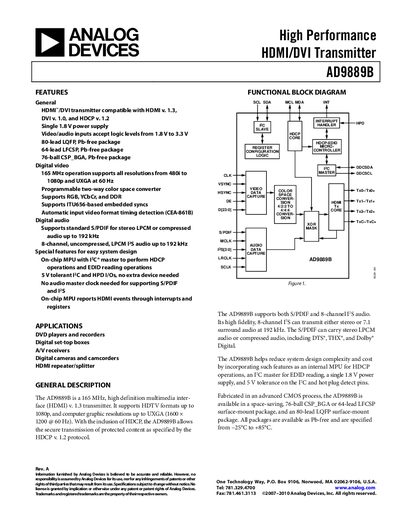 Analog Devices AD9889B HDMI/DVI Transmitter Datasheet