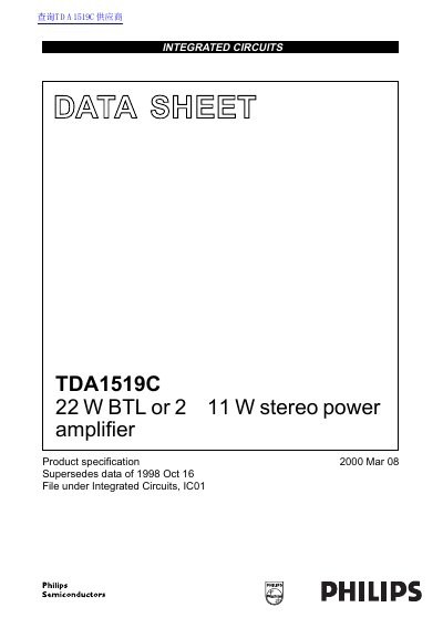 Philips TDA1519C 22 W BTL or 2 x 11 W Stereo Power Amplifier Datasheet