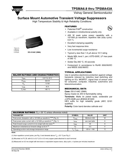 Vishay TPSMA6.8‑TPSMA43A Surface Mount Automotive Transient Voltage Suppressor Datasheet - cover page