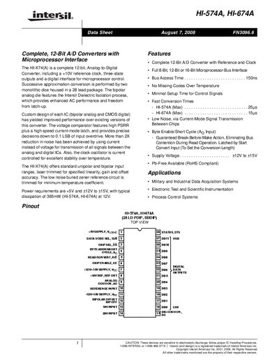 Intersil HI-574A / HI-674A 12‑Bit A/D Converter Datasheet - cover page