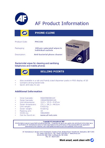 AF International PHONE-CLENE PHC100 Product Leaflet - cover page