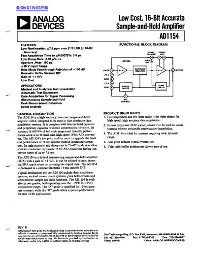 Analog Devices AD1154 Sample-and-Hold Amplifier Datasheet - cover page
