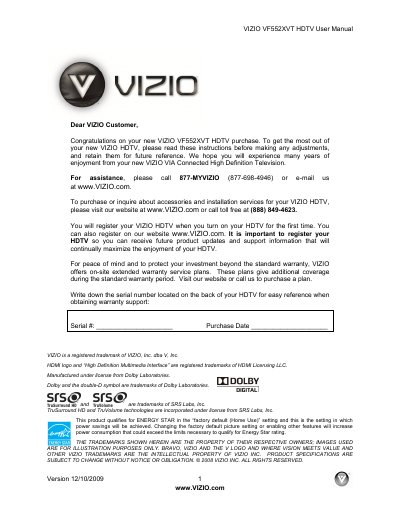 VIZIO VF552XVT HDTV User Manual - cover page