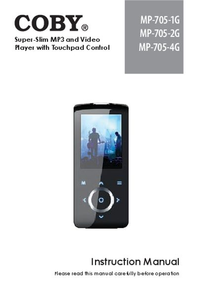 COBY Super-Slim MP3 Video Player with Touchpad Control MP-705-1G MP-705-2G MP-705-4G user manual - cover page
