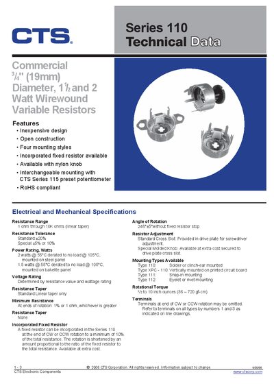 CTS Series 110 Potentiometer Technical Data - cover page