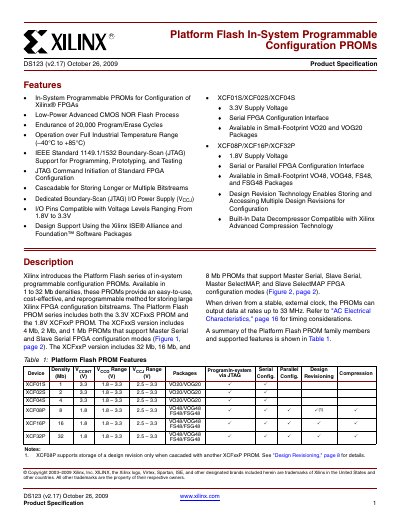 Xilinx Platform Flash PROMs Datasheet - cover page
