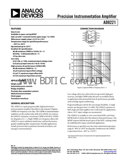 Analog Devices AD8221 Instrumentation Amplifier Datasheet - cover page