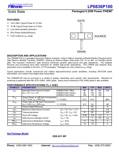 Filtronic LP6836P100 Solid State Power PHEMT Data Sheet - cover page