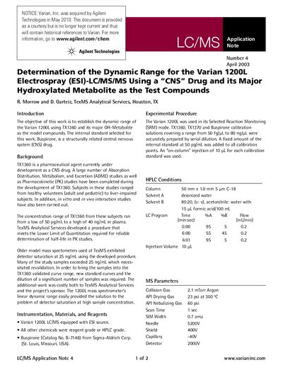 Varian 1200L LC/MS/MS Dynamic Range Application Note - cover page