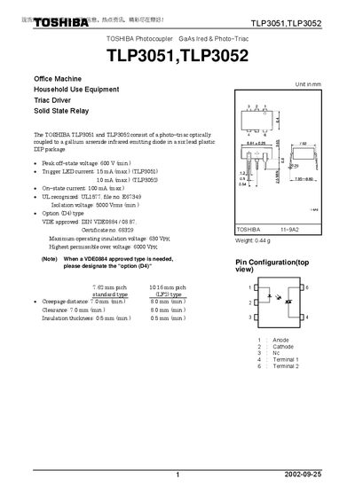 Toshiba TLP3051/TLP3052 Photocoupler Datasheet - cover page