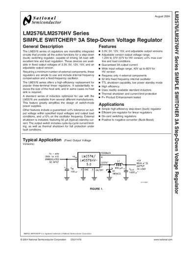 National Semiconductor LM2576/LM2576HV Simple Switcher 3A Step-Down Voltage Regulator Datasheet
