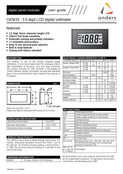 Anders OEM33 3.5‑digit LCD Digital Voltmeter User Manual - cover page