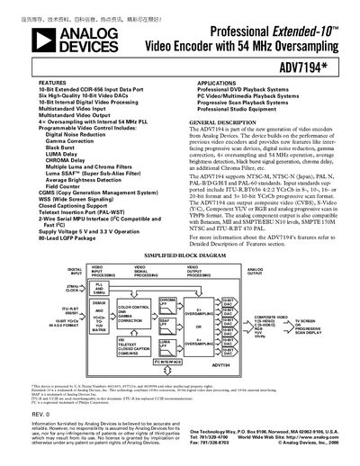 Analog Devices ADV7194 Video Encoder Datasheet - cover page