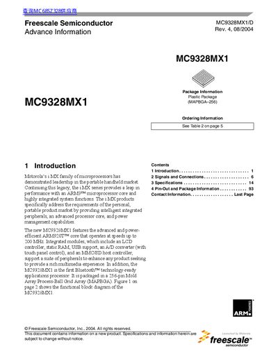 Freescale MC9328MX1 Advance Information Datasheet - cover page