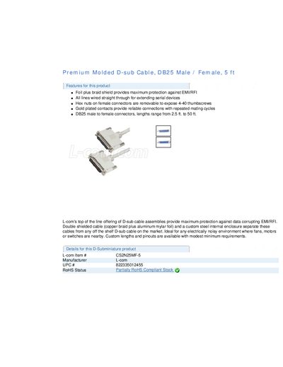 Premium Molded D-sub Cable DB25 Male Female 5 ft - cover page