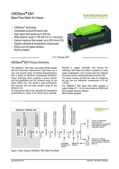 Sensirion EM1 Mass Flow Meter Datasheet - cover page