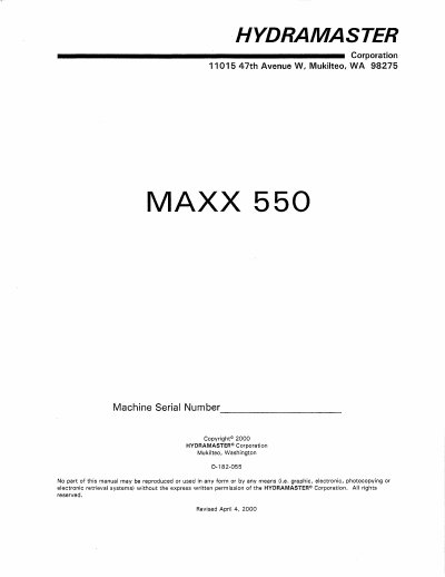 HydraMaster MAXX 550 Carpet Cleaning Plant Service Manual - cover page