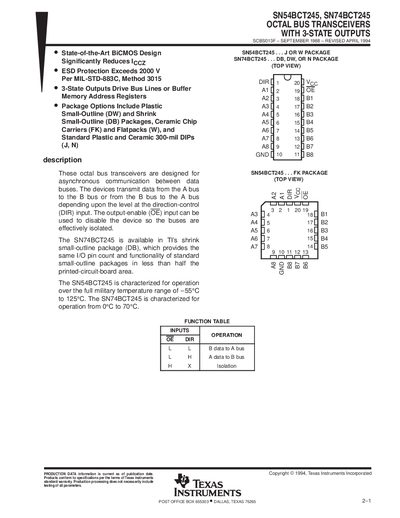 Texas Instruments SN54BCT245 / SN74BCT245 Octal Bus Transceivers with 3-State Outputs Handbook - cover page