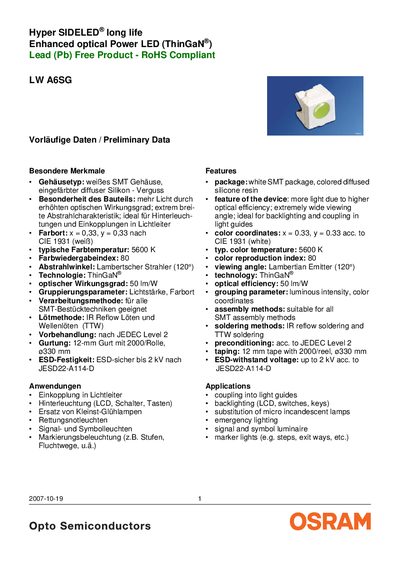 OSRAM LW A6SG Hyper SIDELED LED Datasheet