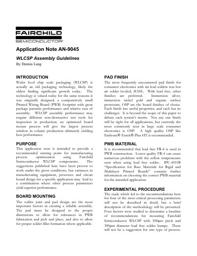 FAIRCHILD AN-9045 WLCSP Assembly Guidelines handbook - cover page