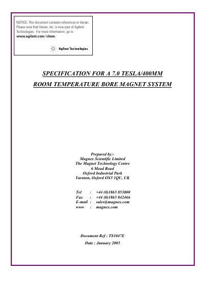 Magnex MRBR 7.0/400 Magnet System Specification