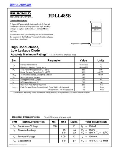 Fairchild FDLL485B High Conductance Diode Datasheet - cover page