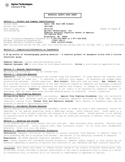 Agilent 189-0602 Cyano Bulk SPE Sorbent Material Safety Data Sheet - cover page