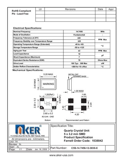 AKER C5S-14.7456-12-3030-X Quartz Crystal Unit Data Sheet - cover page