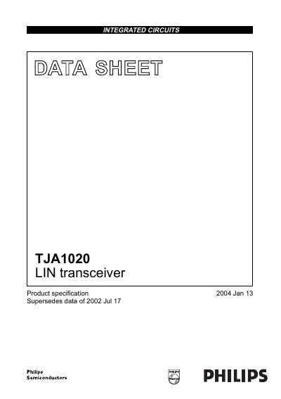 Philips TJA1020 LIN Transceiver Datasheet - cover page