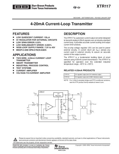 Texas Instruments XTR117 4-20mA Current Loop Transmitter Datasheet - cover page